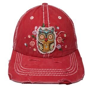 Owl Strapback Baseball Cap Red One Size Adjustable Distressed 4350 District